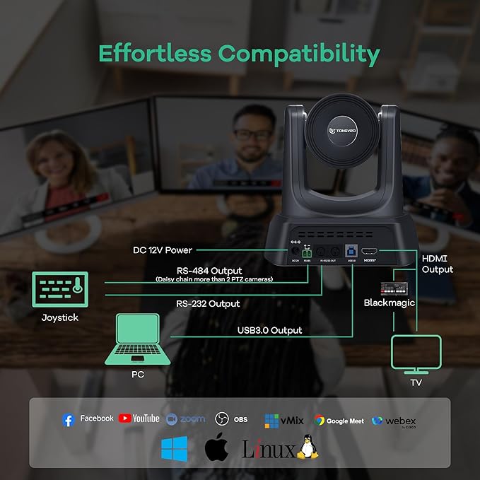 TONGVEO PTZ Camera AI Auto Tracking 12X Optical Zoom Conference Room Camera Wide View HDMI/USB3.0 60fps 1080P Video Conference for Church Worship Meeting Online Learn with Zoom YouTube OBS and More