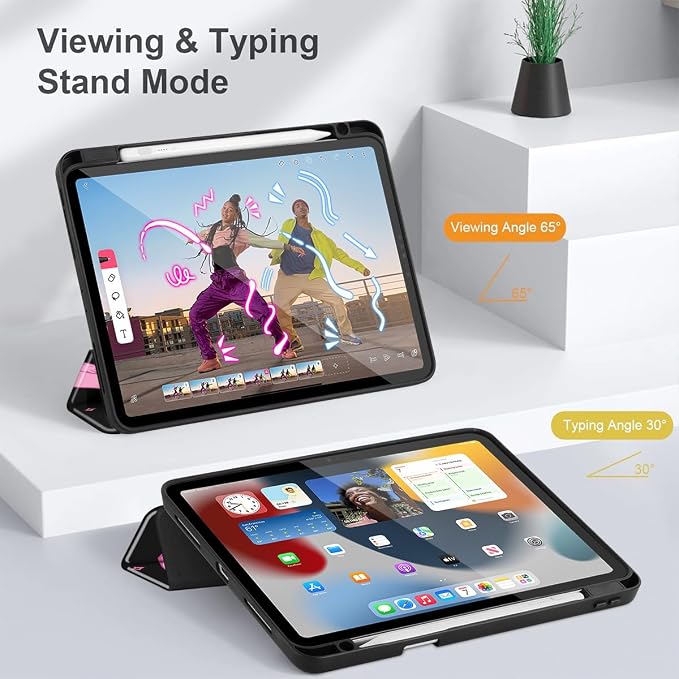 Tuiklol for iPad Pro 11 Inch 4th / 3rd / 2nd / 1st Gen (2022 2021 2020 2018) Case -Built-in Pencil Holder Shockproof Cover Clear Transparent Back Shell with Auto Wake/Sleep Black Flower