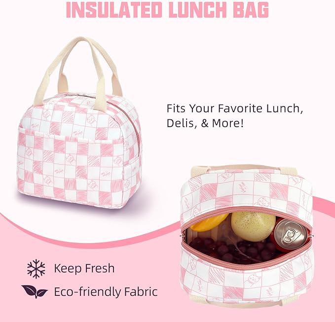 School Backpack for Girls, 3PCS Bookbags Set with Lunch Box Pencil Pouch Elementary Middle School Bag Laptop Back Packs (Cat Checkered Pink)