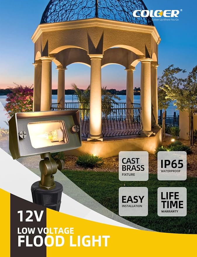 COLOER Brass Small Rectangular Flood Lights Outdoor 6-Pack Without Bulb, 12V Low Voltage Landscape Outside Lights for House Illuminating Signs, Walls and Plant Material