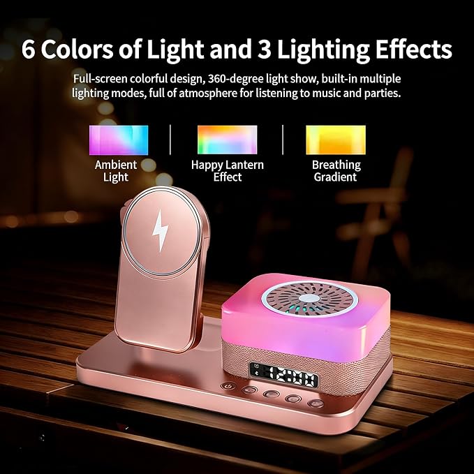8-in-1 Desktop Charging Station with Bluetooth Speaker RGB Ambient Light Digital Clock Phone Stand Wireless Charger for Phone Watch and Earbuds Black/White (Black)