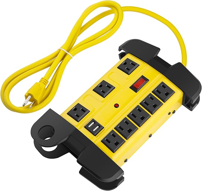 CCCEI Heavy Duty Power Strip with USB, Workshop 8 Outlet Surge Protector 2700 Joules, Industrial Metal 15Amp Power Strip, 20 FT Extension Cord and Wide Spaced Yellow.