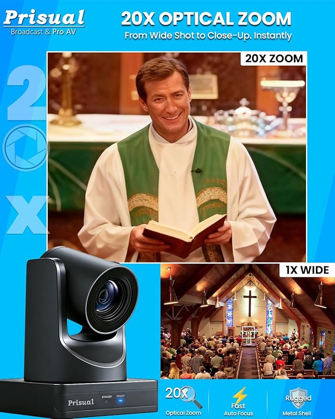 Prisual HDMI PTZ Camera AI Auto-Tracking, 20x Optical Zoom IP USB3.0 PoE HDMI PTZ Camera for Church Services Worship Education Video Conference, PT20X-UL