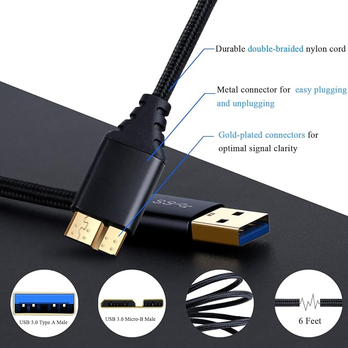 USB 3.0 Micro Cable 3-Pack 6ft Super Speed USB 3.0 Cable A Male to Micro B Charger Cable Compatible for Samsung Galaxy S5 Note 3 External Hard Drive and More - Black