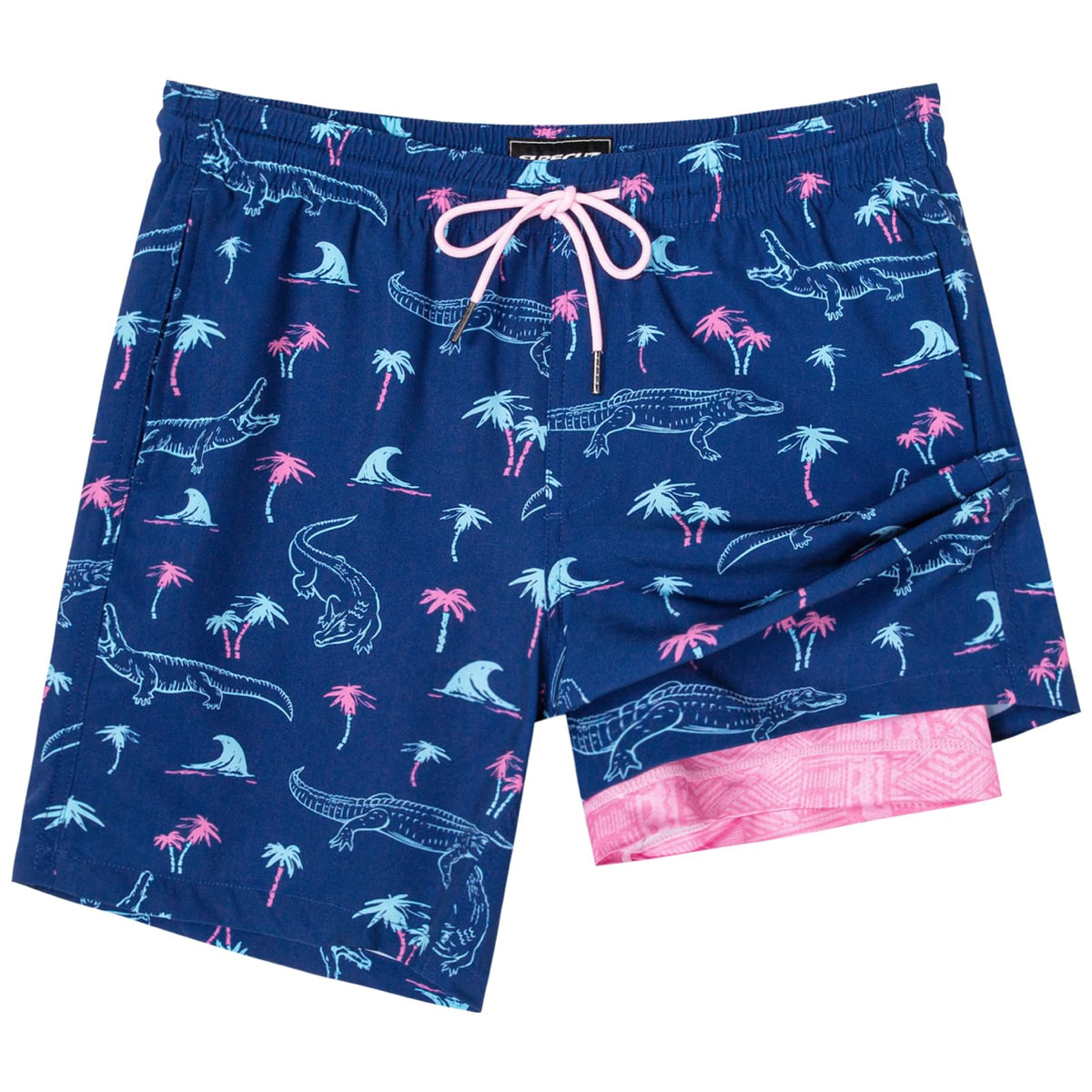 SURF CUZ Men's Neon Crocodile 7" Quick Dry Swim Trunks with Compression Liner, 2 Side Pockets, Drawstring, Adult, Men, Small, Crocodile
