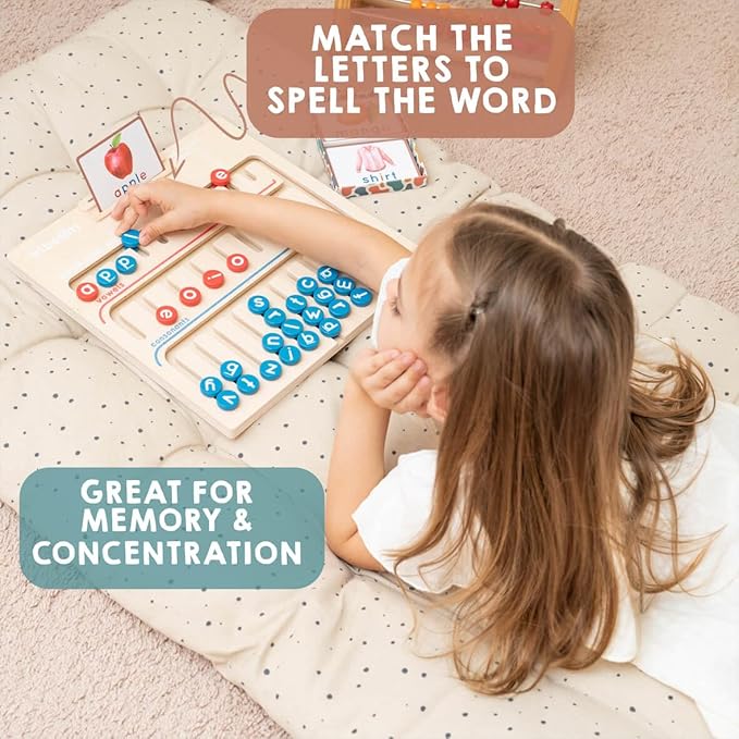Montessori Learning Toy for 4 Year Old Kids and up | Wooden Educational Alphabet Board with Flashcards | Pre-K Essentials for Reading & Spelling. Great Homeschool CVC Word Game Gift for Boys & Girls