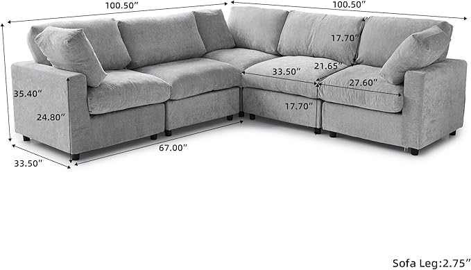 JACH V Shape Sectional Couches for Living Room, Deep Seat Convertible Modular Sofa, Cloud Sectional Couch, Sofa Covers Washable, Minimalist Couch for Living Room, Apartment, Light Grey