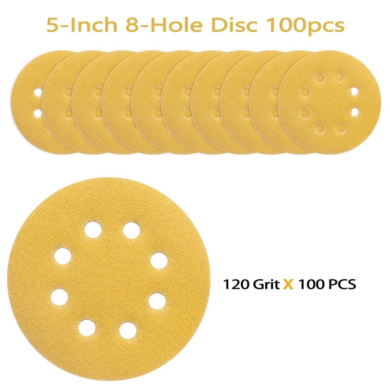 POTUINOM 100PCS 5 Inch 8 Hole Sanding Discs 120 Grit,Gold Round Hook and Loop Sandpaper for Random Orbital Sander