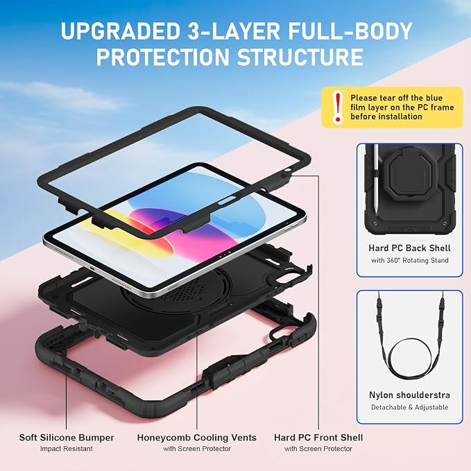 Case for iPad (A16) 11th/10th Generation 11/10.9 2025/2022 Black | Full-body Heavy Duty iPad A16 Case for Adults Kids with Screen Protector 360° Rotating Stand Shoulder Strap Pencil Holder