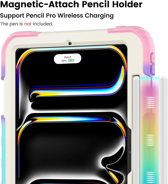 for iPad Pro 11 inch Protective Case M5 2025/M4 2024: Heavy Duty Shockproof Case with Pencil Holder - 360°Rotating Handle/Stand - Screen Protector - Shoulder Strap Black/Sky Blue