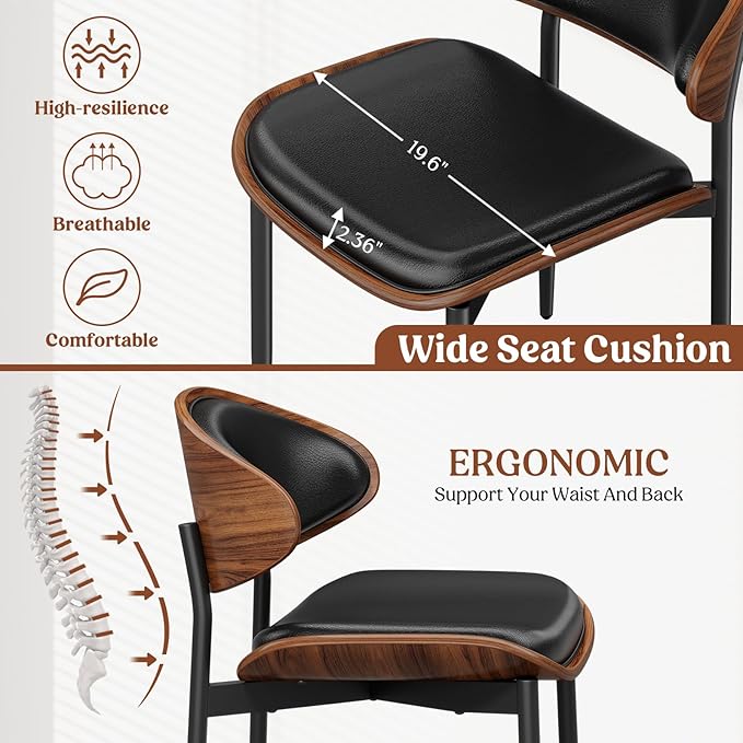 Dining Chairs Set of 2, Mid-Century Modern Upholstered PU Leather Chairs with Walnut Bentwood Back and Metal Legs Adjustable Feet for Kitchen Dining Room, Black PU