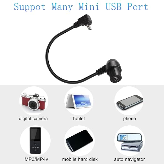QIANRENON 90 Degree Angle Mini USB Panel Flush Waterproof Extension Cable Mini USB 5 Pin Right Angle Male to Female Panel Mount Cable Threaded to Dashboard or Panel28cm/11in (Down Bend)