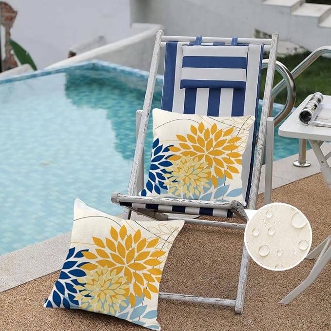 RABUSOFA Outdoor Pillow Covers 20x20 Inch Set of 2 Yellow Blue Flower Decorative Waterproof Spring Summer Floral Outdoor Cushion Covers for Patio Funiture Garden Couch Decor