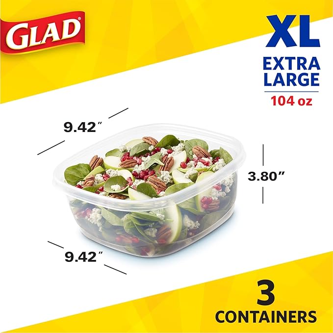 GladWare Family Size Food Storage Containers, XL | Large Square Food Storage, Containers Hold up to 104 Ounces of Food, Large Set 3 Count Food Containers | Tupperware, Plastic Food Container