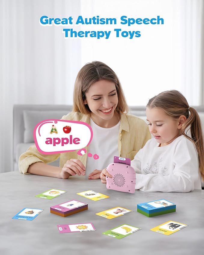 Talking Flash Cards for Toddlers 1 2 3 4 Year Olds, Montessori Language Learning with 224 Words, Pocket Speech Therapy Playthings, Children's Sensory Educational Device, Pink
