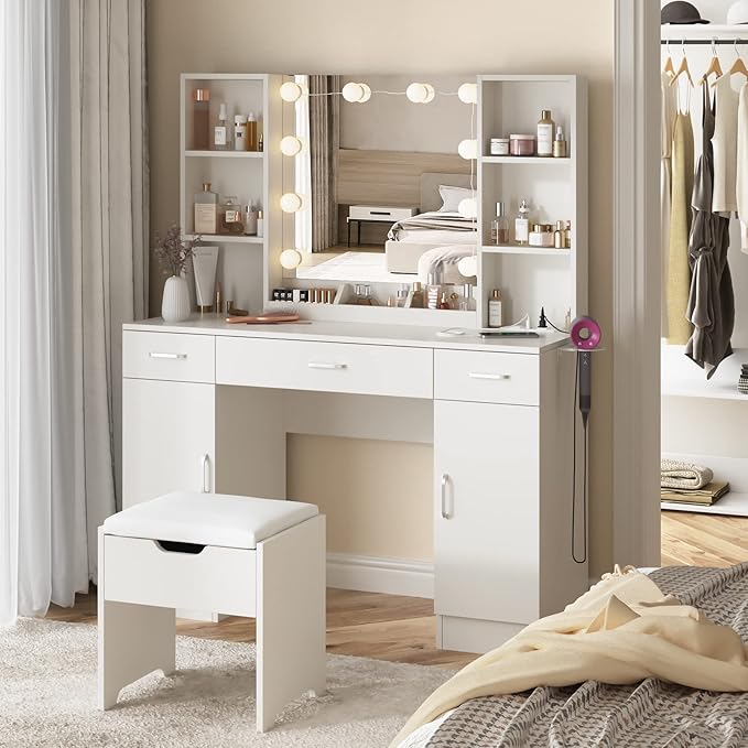 Vabches Makeup Vanity Table with Lighted Mirror & Power Strip, Large Vanity Set Vanity Desk with Lots Storage, 3 Lighting Modes, Brightness Adjustable, 45.2in(L)