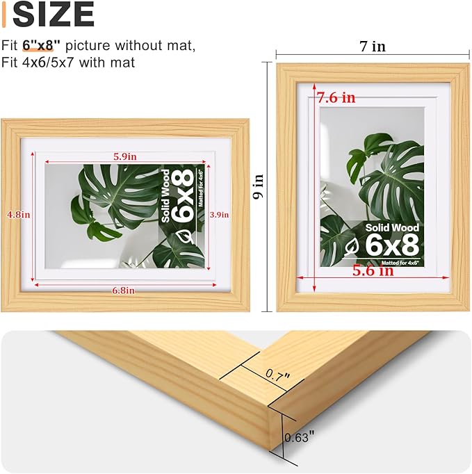 Egofine 6x8 Picture Frame Made of Solid Wood with Plexiglass, Display Pictures 4x6 with Mat or 6x8 Without Mat, for Table Top and Wall Mounting Photo Frame, Natural Wood