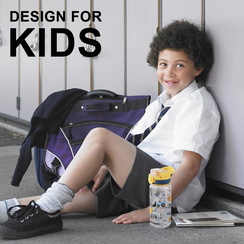 wooshwa Kids Water Bottle for School, 20 Oz Plastic Water Bottle with Silicone Spout and Pop-Up Cover, BPA Free & Dishwasher Safe (Excavator)
