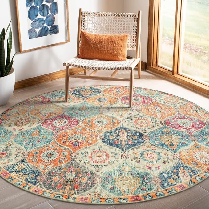 Lahome Moroccan Trellis Washable Round Area Rug, Round Rug 5ft Soft Non-Slip, Non-Shedding Distressed Circle Carpet for Bedroom Living Room Bathroom Nursery Kitchen, Cream/Multi