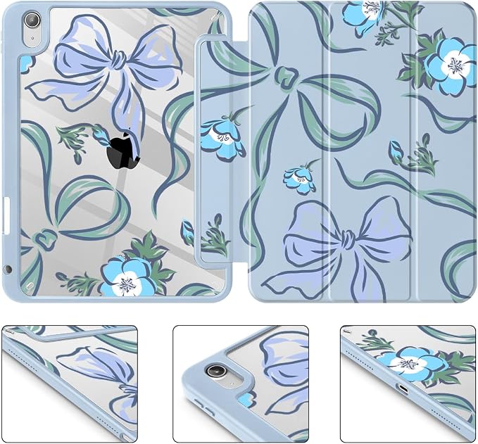Mektron Case for 2026 iPad Air 11 inch M4 8th (M3 2025 7th /M2 2024 6th) Compatible with iPad Air 10.9 (2022 5th Gen /2020 4th Gen) Shockproof Clear Shell Blue Bows &amp Flowers