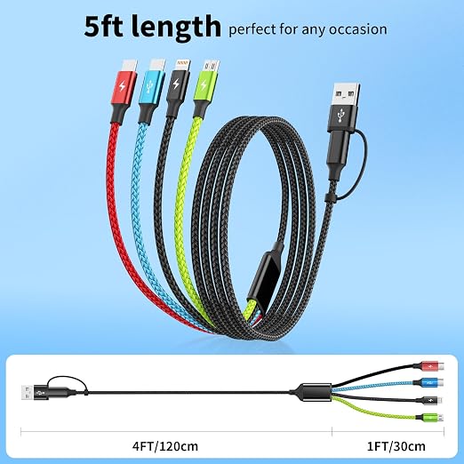 4 in 1 Multi Charging Cable 2 Pack 6FT Charging Cords for Devices | Nylon Braided USB C Car Charger Cable with Dual USB-C IP &amp Micro Ports Long Travel Charging Cord for Cars