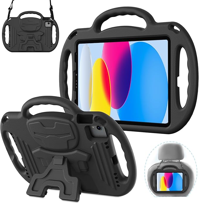 AVAWO Kids Case for iPad (A16) 11th Generation 11 Inch 2025 iPad 10th Generation 10.9 2022 Shockproof Rugged Protective Cover with Shoulder Strap/Handles/Kickstand for i Pad 10/11 Gen Black