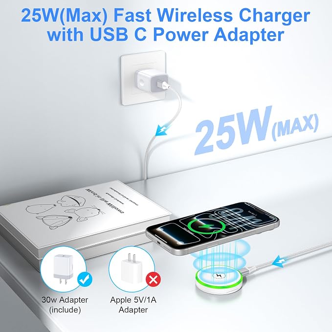 25W Magnetic Wireless Charger for Samsung Fast Charging Pad for Galaxy S26 | Wireless Charger Android with 30W USB C Power Adapter for S25 Plus/S24 FE/S23/S22/S21/Z Flip 7 Magsafe Charger for iPhone