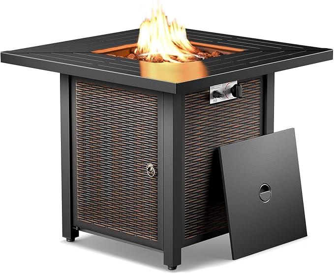 Belord 30 Inch CSA Listed Propane Fire Pit Table - 50000 BTU Square Outdoor Fire Pit Table with Lid and Lava Rock for Patio Backyard Deck and Outdoor Gatherings