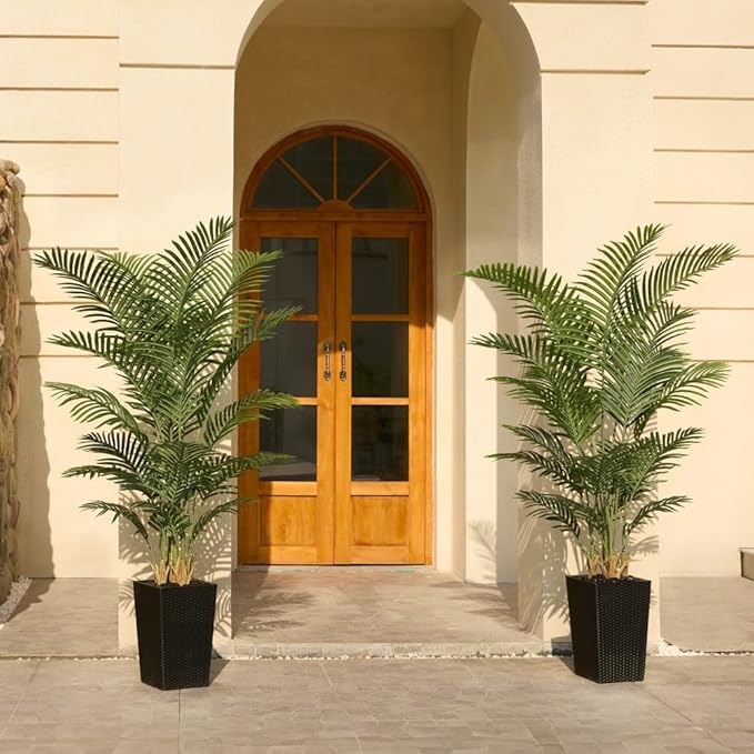 6FT Artificial Palm Tree - Tall Fake Tree with Black Taper Planter & Pebbles, UV Resistant for Indoor & Outdoor Decor - Large Potted Faux Plant for Living Room, Office, Home Decor,VN130