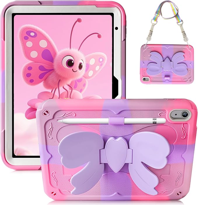for iPad 10th Case 10.9 Inch for iPad A16 Case for Kids Girls Purple Pink | Built in Pencil Holder Stand Durable Rugged Heavy Duty Shockproof Protective Cover for iPad 10th Generation with Strap