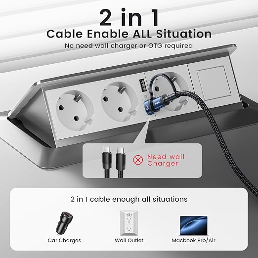 toocki 60W USB C Cable Right Angle Type C Fast Charging Cable 10FT 2-Pack | 2 in 1 Multi USB A/C to USB-C Cable for iPhone 17 16 15 Pro Plus Pro Max Air/MacBook Air/Samsung S25 Ultra/S24/ Note 20