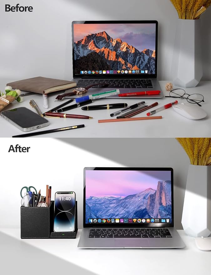 Bamboo Pen Holder for Desk &amp Nightstand Organizer with Fast Wireless Charging for iPhone Samsung &amp More – Office Desk Accessories for Men/Women (Bamboo)