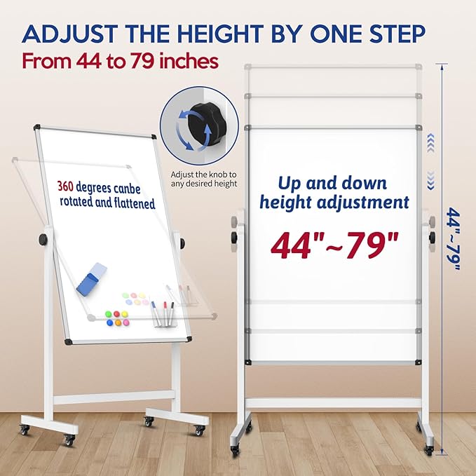 Rolling Whiteboard, 44 x 26 Double Sided Magnetic Dry Erase Board Height Adjustable Whiteboard on Wheels with Sturdy Aluminum Frame for Home Office Classroom