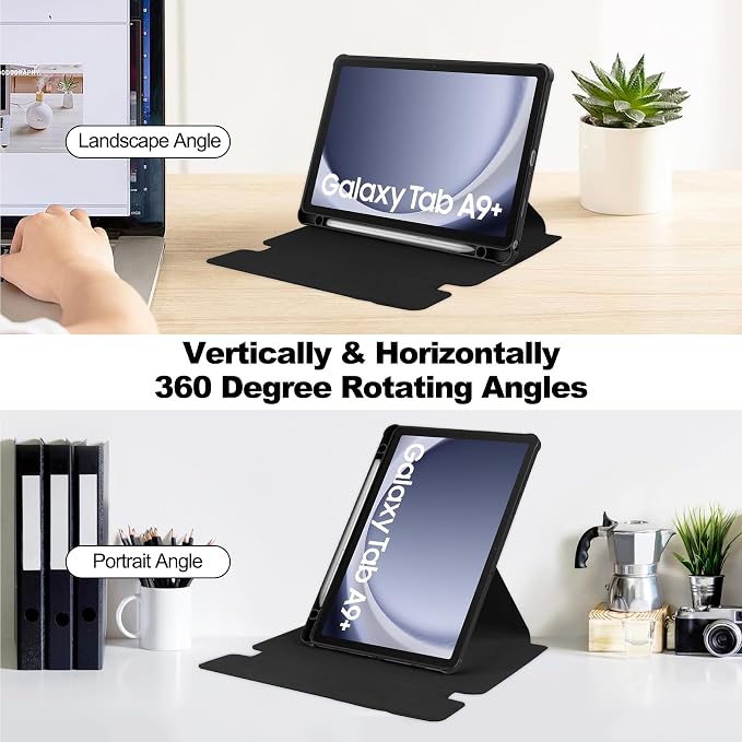 Tablet Case for Samsung Galaxy TAB A9+/A9 Plus with S Pen Holder 360° Swiveling Stand Shockproof Cover with Clear Transparent Back Shell Auto Wake/Sleep (Black Galaxy Tab A9 Plus)