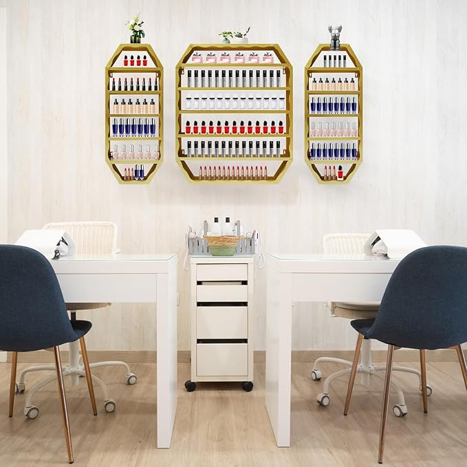 Metal Nail Polish Storage Rack, Wall Mounted Cosmetic Display Case, Lipstick Shelf, Essential Oil Organizer for Bottles, Spa Nail Salon (Gold)