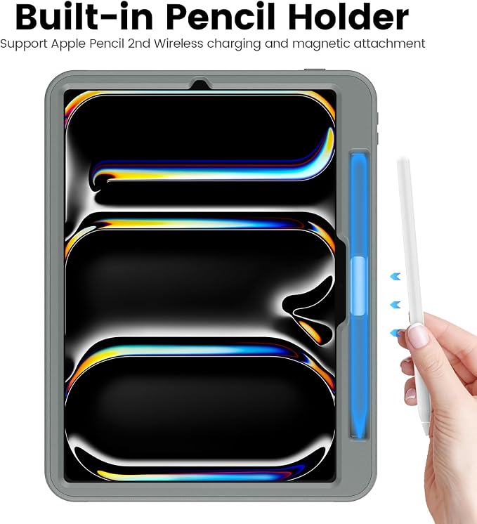 for iPad Pro 11 inch Protective Case M5 2025/M4 2024: Heavy Duty Shockproof Case with Pencil Holder - 360°Rotating Handle/Stand - Screen Protector - Shoulder Strap Black/Sky Blue