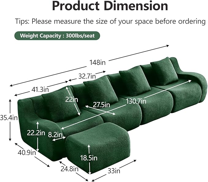 Green L-Shaped Cloud Couch with 1 Ottoman, Modern Teddy Fabric Boneless Sectional Sofa in a Box, Modular Floor Sofa for Living Room, Deep Seat, No Assembly Required, Sofas para Sala