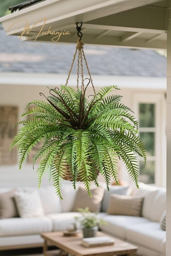 Polyester Artificial Boston Fern Bush,Set of 4,Fake Fern Hanging Plants UV Resistant That Look Real for Outdoors and Home Decor. (39" 4Pcs-Green)