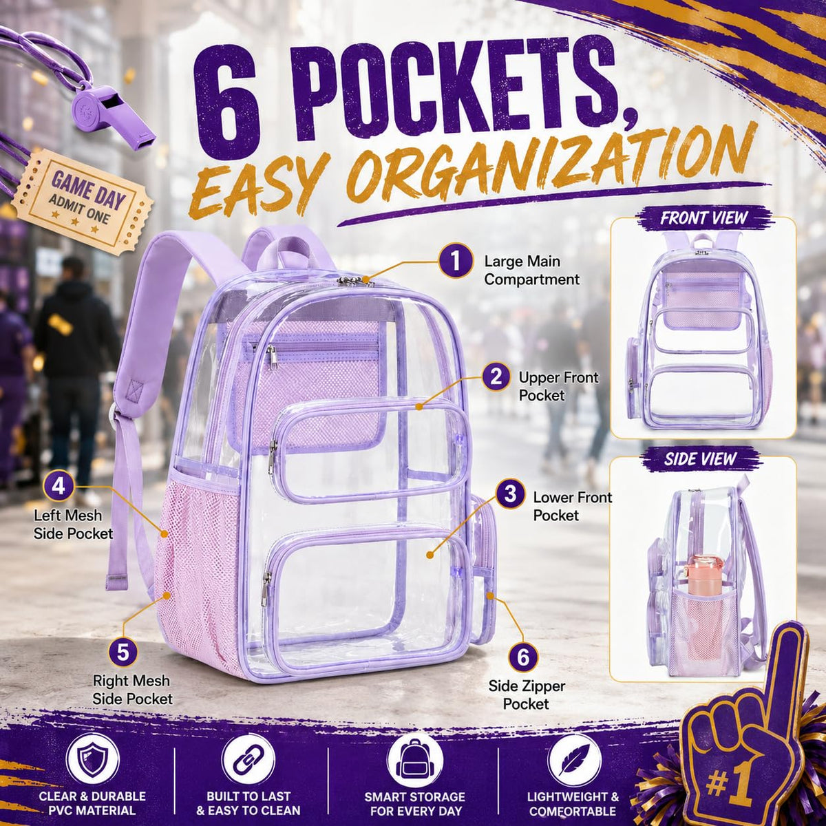 BTOOP Clear Backpack Heavy Duty Transparent Backpack 17" See Through Bookbag for College Work Festival Security Padded Strap (Purple)