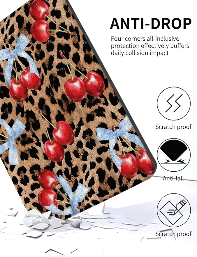 Case for iPad 9th/ 8th/ 7th Generation Case 10.2&amp10.5 Inch (2021/2020/2019 Release) Slim Lightweight Soft Trifold Back Cover with Pencil Holder &amp Auto Sleep/Wake Cover Cherries Cheetah Bows