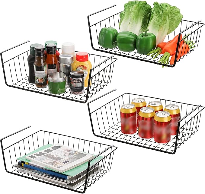Tebery 4 Pack Black Under Shelf Wire Basket, Hanging Storage Baskets Under Cabinet Add-on Storage Racks, Slide-in Baskets Organizer for Kitchen Pantry Desk Bookshelf