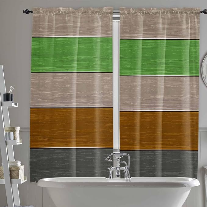 Farm Gray Green Brown Wood Grain Window Valance Curtains, Rustic Wooden Plank