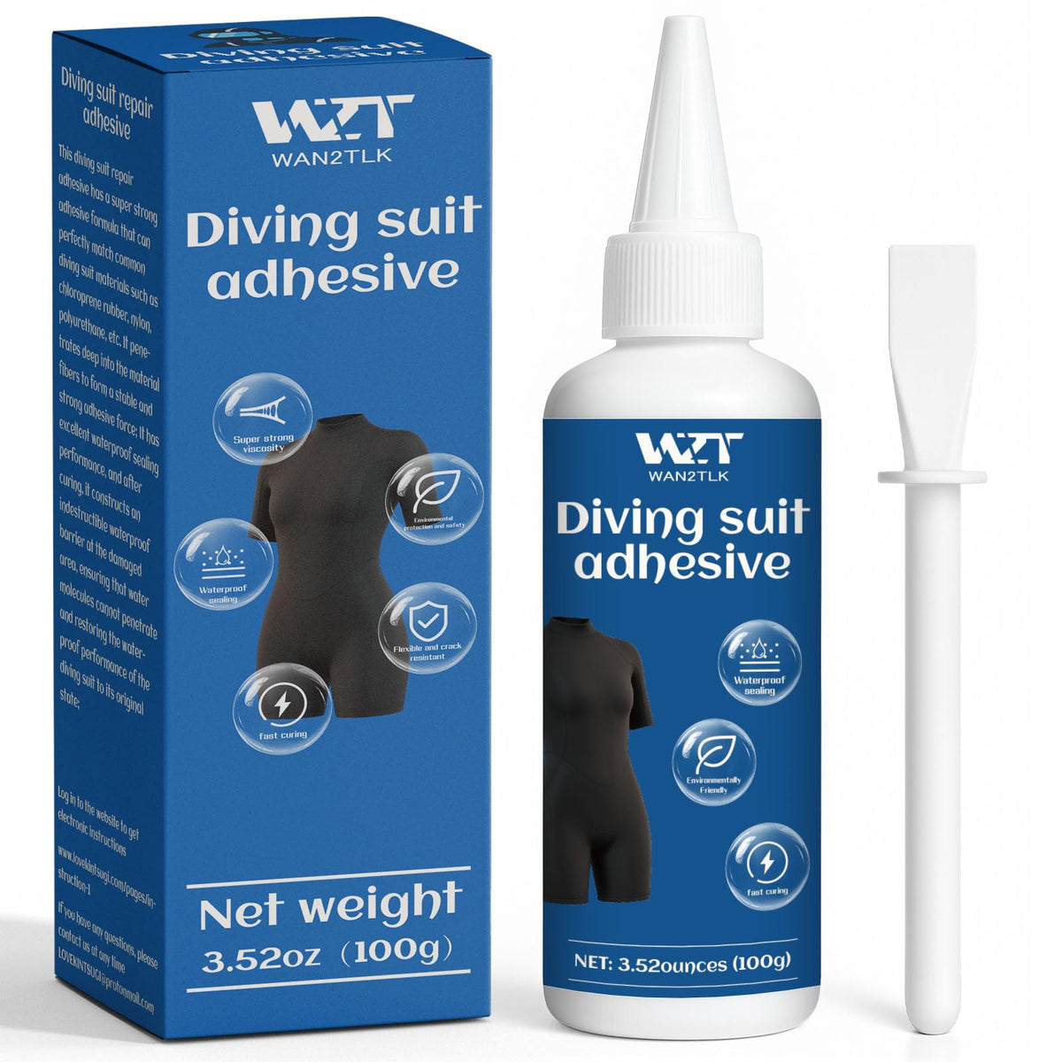 WAN2TLK Wetsuit Repair Kit, 100g Wetsuit Glue & Applicator, Quick Permanent Fix Wader Patch Kit for Wetsuits, Neoprene, Diving Suits, Waders
