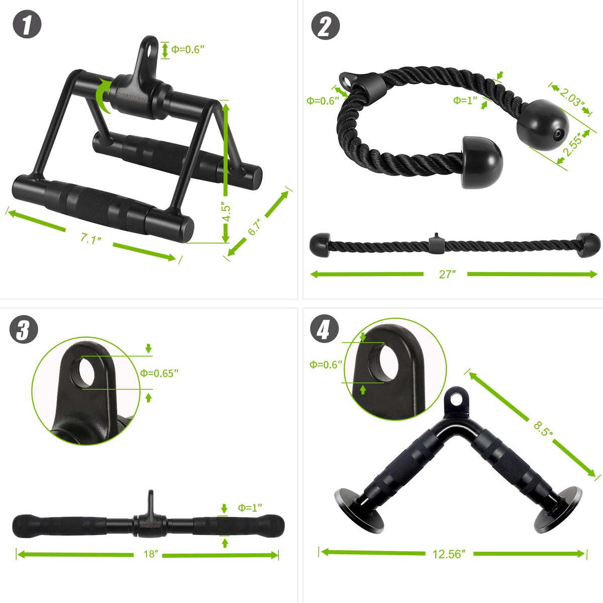 DYNASQUARE Cable Attachments for Home Gym, Made of Heavy Duty Solid Steel, LAT Pulldown Attachment, Weight Machine Accessories, Straight Pull Down Bar, Tricep Rope, Exercise & Double D Handle