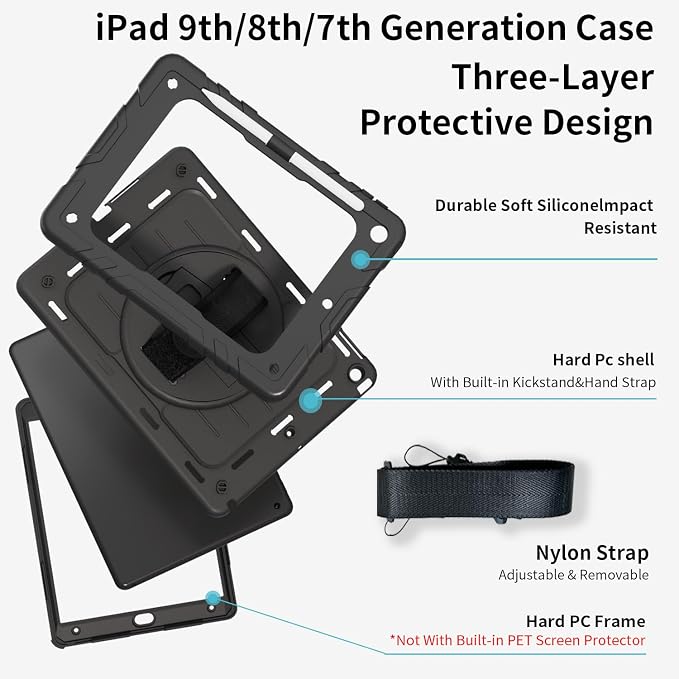 Case for iPad 9th/8th/7th Generation10.2 Shockproof 360 Rotating Stand Shoulder Hand Strap with Pencil Holder for iPad 10.2 inch 2021/2020/2019 Case (Black)