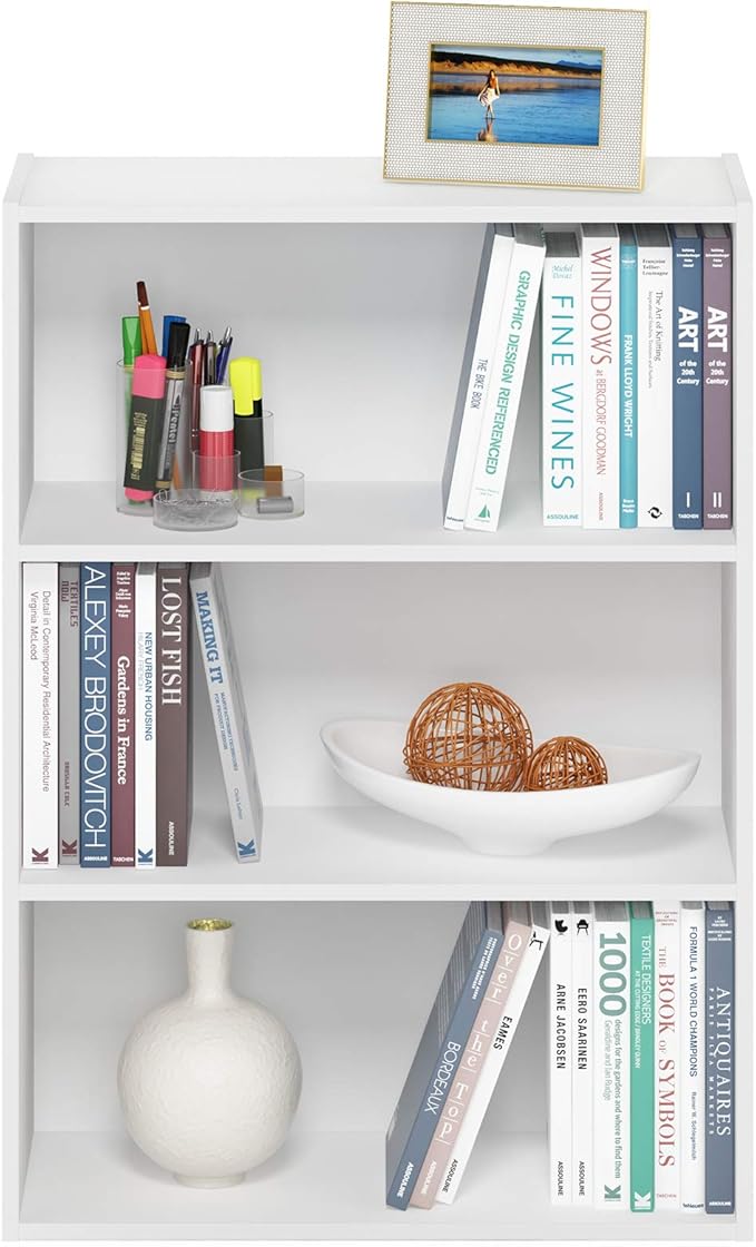 Furinno PASIR Book Shelf, 3-Tier Bookshelf, Storage Shelves Bookcase, 9.7 x 23.7 x 31.5, for Living Room, Bedroom, Home Office, Plain White