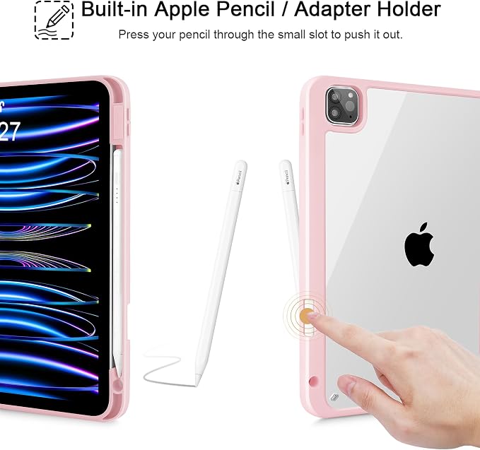 Case for iPad 12.9 Inch (6th/5th/4th/3rd Generation 2022/2021/2020/2018) Pencel Holder + Trifold Support Auto Sleep/Wake Transparent Shockproof Back Cover Abstract Floral SD163