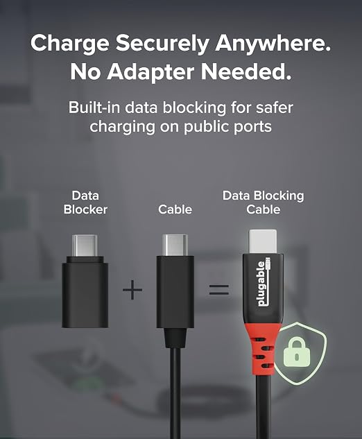 Plugable USB C to USB C Cable Data Blocker Charge Only Cable (2m/6.6ft): 240W Safe Fast Charging for MacBook iPhone 15/16 iPad Galaxy S24 XPS and More USBC Devices (USBC-CC2M)
