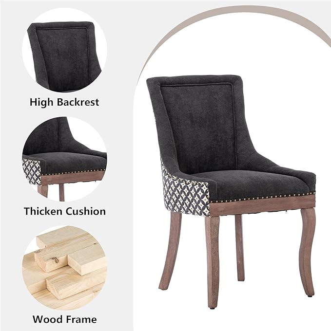 Farmhouse Dining Chairs Set of 2, Upholstered Fabric Dining Room Accent Chairs with Wood Legs & Bronze Nailhead, High Wingback Kitchen Chairs for Living Room Hotel Apartment, Black