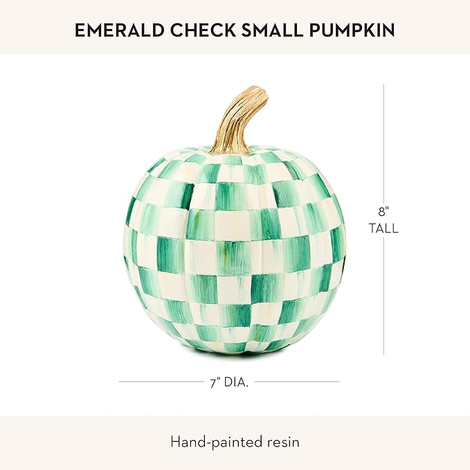MACKENZIE-CHILDS Pumpkin, Resin Halloween and Fall Decor, Small, Green-and-White Emerald Check